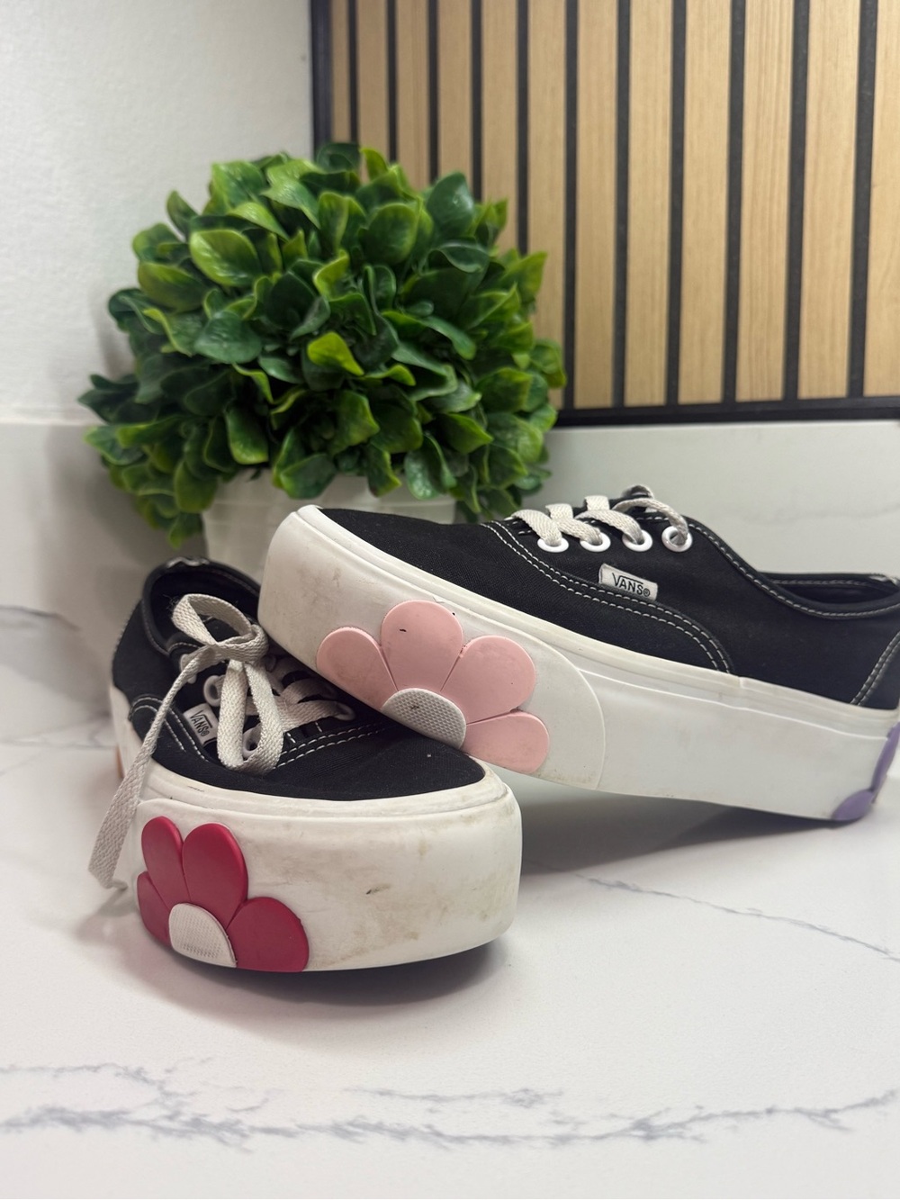 Vans Black Platform Sneakers with Pink Flower Appliqués
